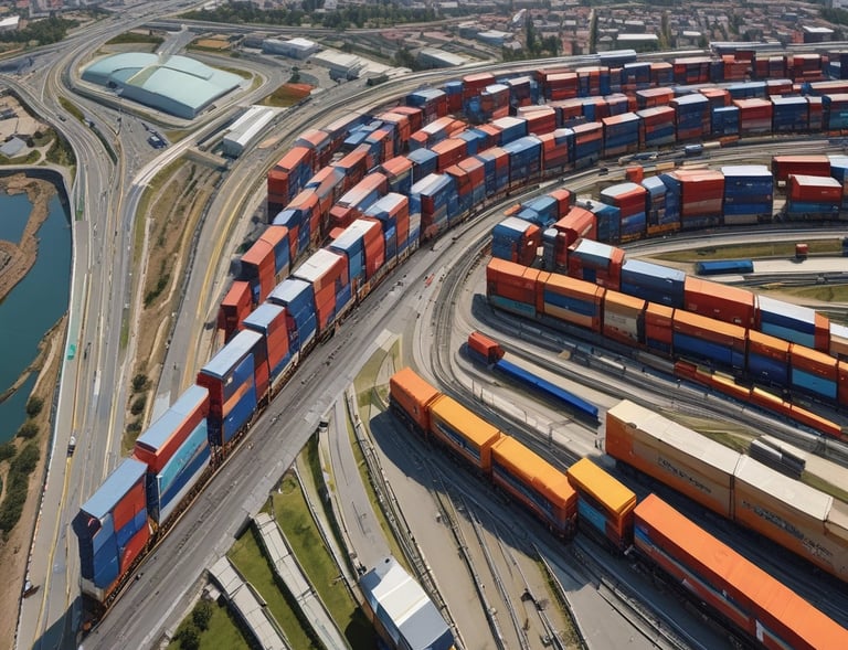 a train traveling through a city with a lot of containers