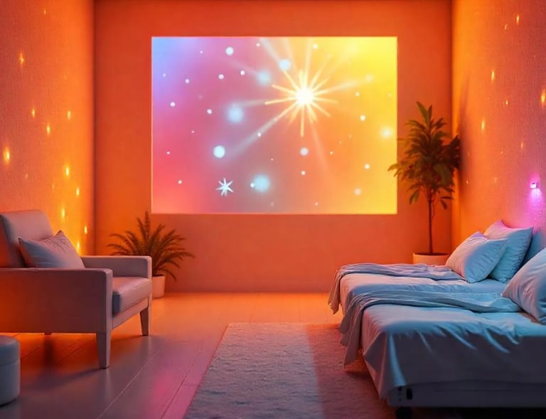 a room with a couch and a television screen