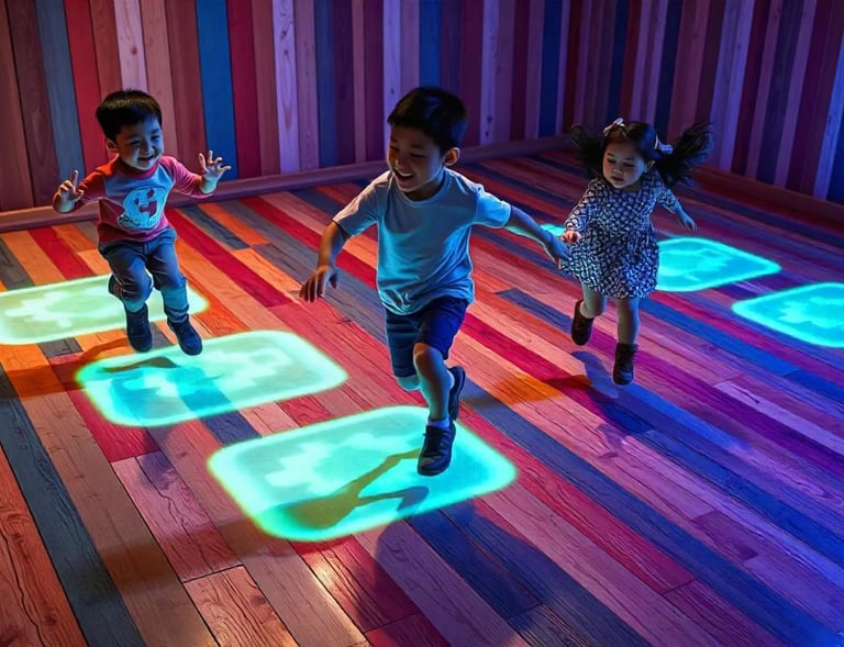 three children playing with a light - up game