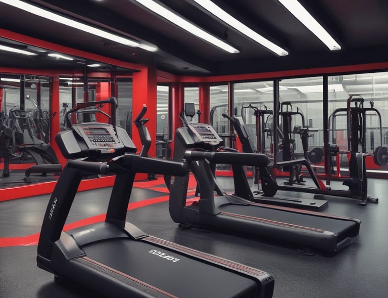 A gym setting featuring a variety of workout equipment. Resistance bands and TRX straps are hanging on the wall. Kettlebells in different colors are placed on a rack, and a box labeled 'Bulldog Gear' is situated against a gray brick wall. The floor is covered with black gym mats, and there's a wooden panel on the right side.