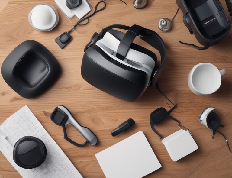 A sleek virtual reality headset resting on a modern desk.