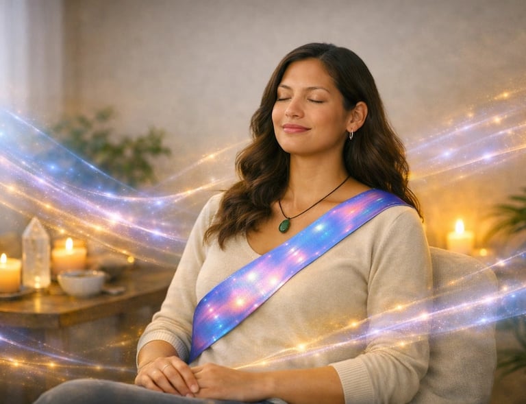 Serene Māori woman wearing a holographic wellness sash, eyes closed, surrounded by soft glowing light.