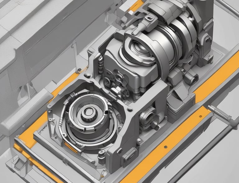 A large industrial workspace filled with numerous workers seated at drafting tables spread across the room. The environment appears busy and orderly, with workers focused on papers and tools. The architecture is reminiscent of a factory or warehouse with high ceilings and rows of symmetrical windows and lights.