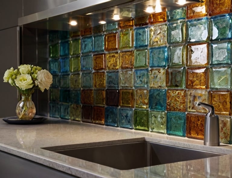 this image displays a kitchen back splash with multi color recycled glass tiles.