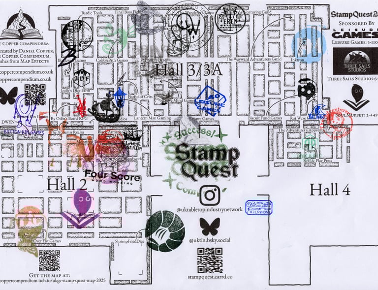 A dungeon-style map of the UKGE 2025 layout, with certain stalls marked. It is overlaid by coloured stamps.
