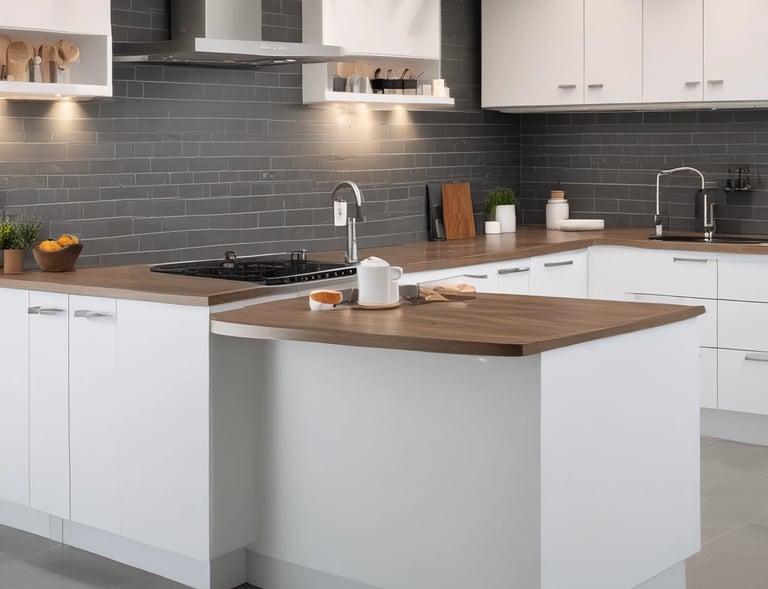 A collection of plumbing fittings and components is arranged on a surface. Notable items include a brass valve with a red handle, a couple of elbow joints, and a rolled-up white hose. In the background, a red and black ladder can be seen along with some metal poles against a concrete wall.