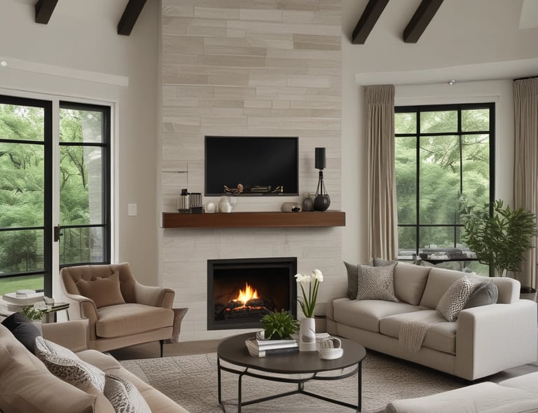 The image features a partially renovated interior space with ornate moldings and a large arched window with stained glass. Scaffolding and ladders are positioned throughout the area, along with painting supplies and construction equipment. The light coming through the window creates a contrast with the otherwise muted tones of the room.