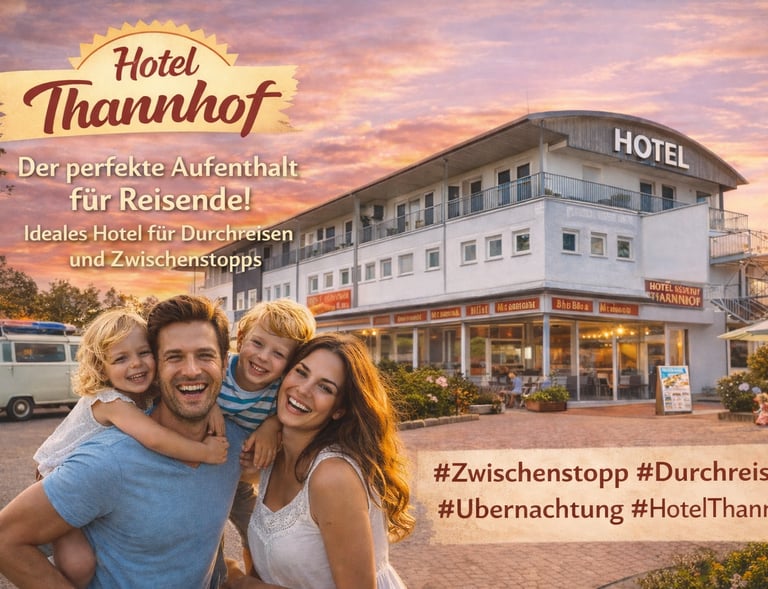 #family posing in front of Hotel Thannhof, an ideal stopover for travelers and road trips.