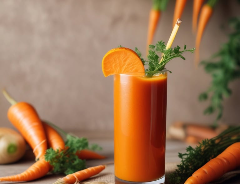 A vibrantly colored fruit smoothie is presented in a uniquely shaped glass, garnished with a slice of lemon, an orange, and a strawberry on a wooden table. The blurred background suggests a lively social setting.