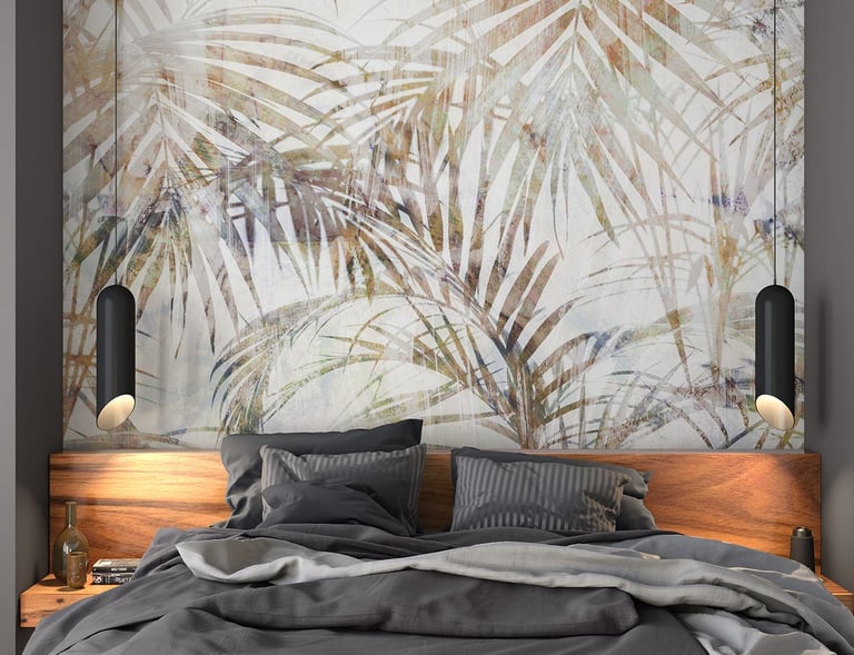 a bed with a large painting on the wall