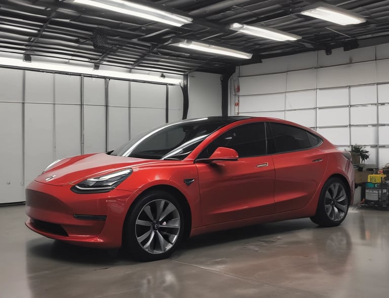 Technician applying ceramic tint film to a car window indoors.
