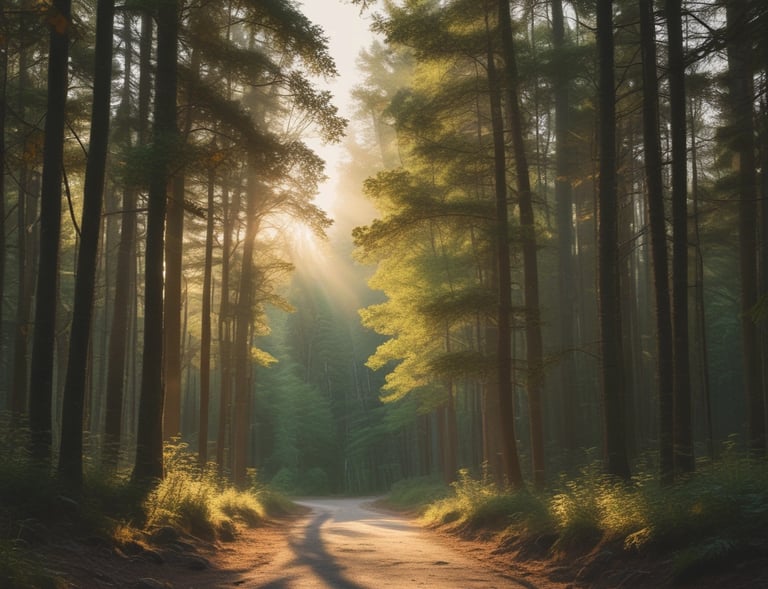 A peaceful outdoor setting with trees and a walking path.