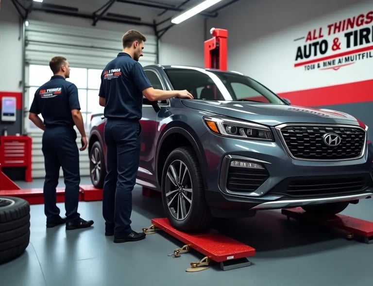 Mechanics inspecting a Hyundai SUV inside a professional auto repair shop for quality service
