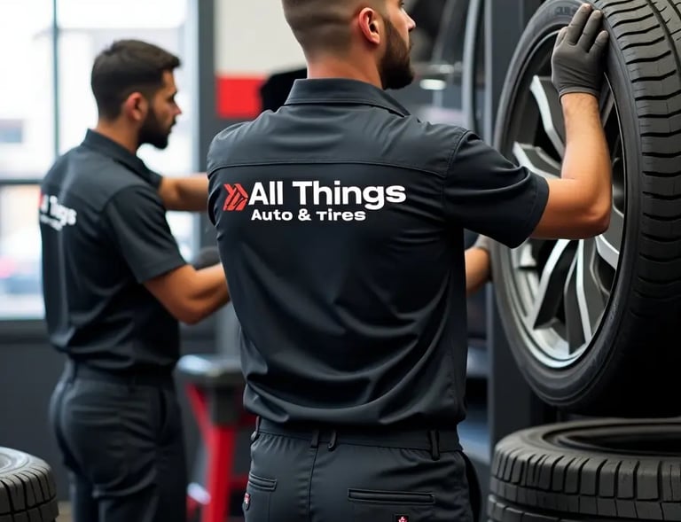 Mechanic adjusting a car tire inside a professional auto repair shop for quality service & reliabil