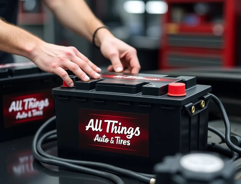 Mechanic handling a car battery inside a professional auto repair shop for quality service 