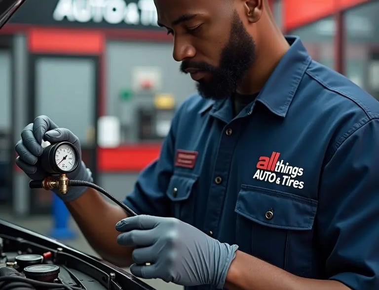 Mechanic testing engine pressure using a gauge inside a professional auto repair shop for quality 