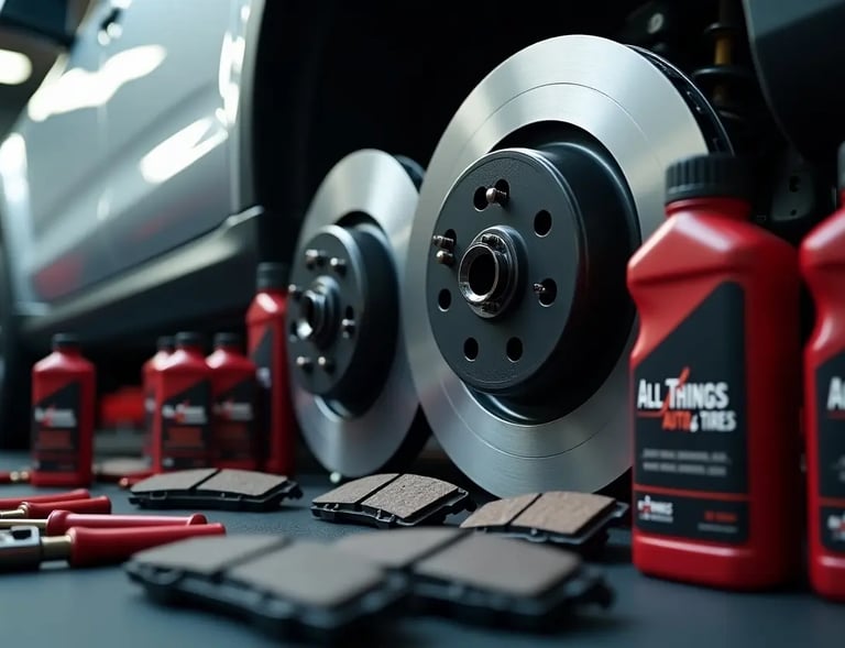 car brake rotors, pads, and brake fluid inside a professional auto repair shop for quality service