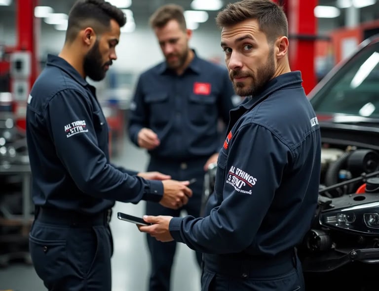 Mechanics discussing a repair job inside a professional auto repair shop for quality service 