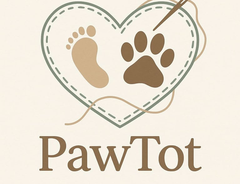 A stitched heart with thread and needle with a paw print and baby footprint inside of the heart. A logo for PawTot