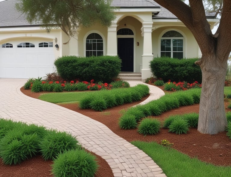 A beautifully landscaped garden with neatly trimmed trees and vibrant flowers maintained by pm express.