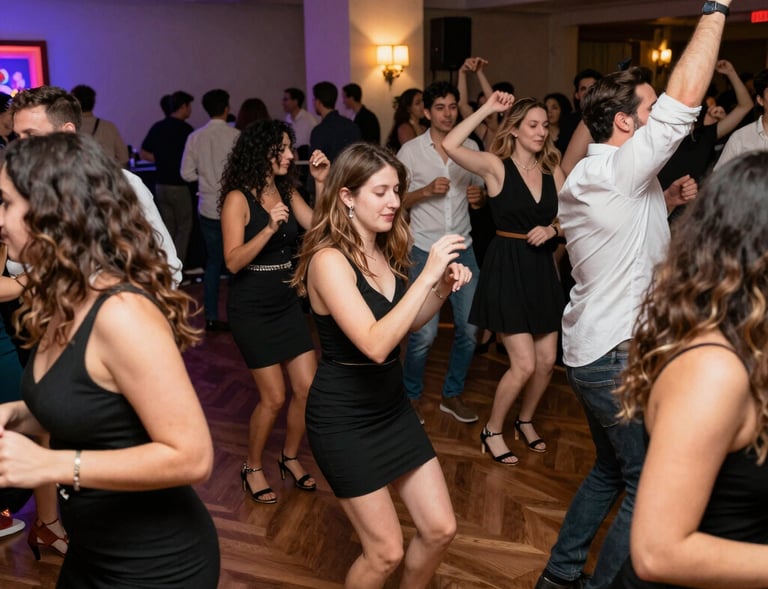 A vibrant bucks party scene with DJ Cezaris spinning upbeat tunes, guests laughing and celebrating.