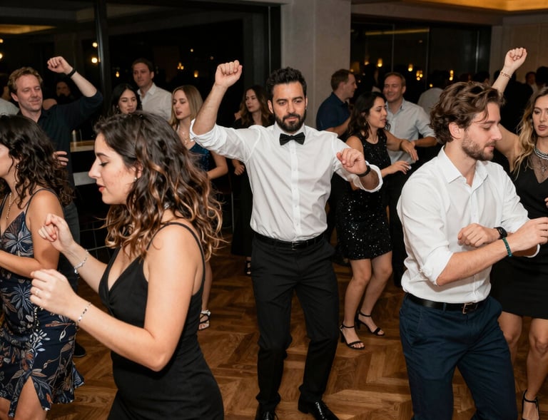 Crowd raising hands and dancing joyfully at a corporate event with dynamic lighting effects.