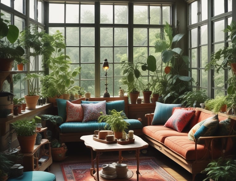 A lively workspace with a bold red desk, eclectic art on the walls, and a variety of potted plants adding life to the room.