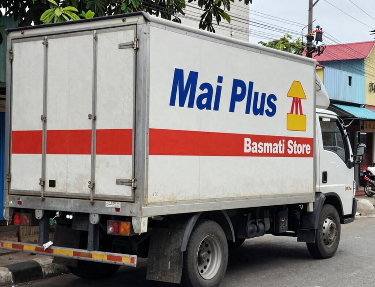 Stacks of Super Grade 1 rice bags ready for bulk delivery to local restaurants.