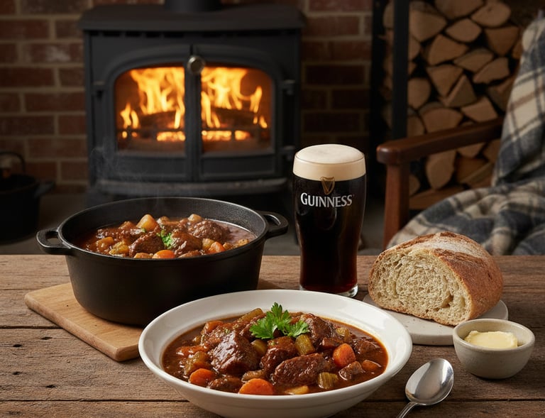Hearty Irish beef stew served with crusty bread and a pint of Guinness by a cozy wood-burning fireplace.