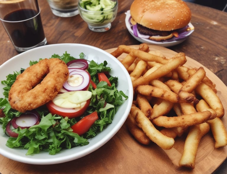 A colorful vegetarian burger with grilled vegetables and a vibrant side salad.