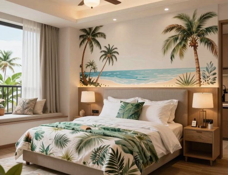 Modern open-concept living room with floor-to-ceiling windows showcasing the turquoise sea.