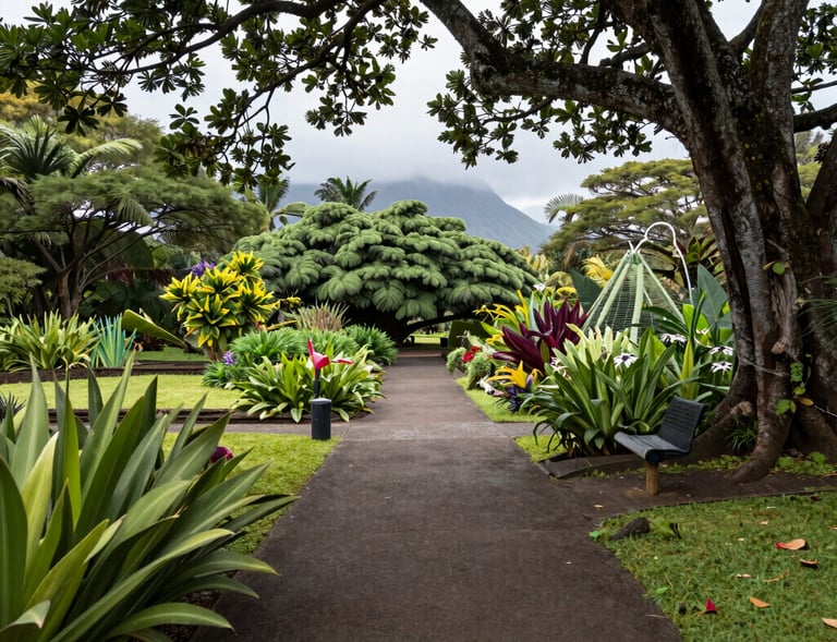 Elegant outdoor lanai with comfortable seating overlooking lush tropical gardens.