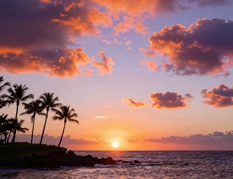 Sunset view over a luxury Kona oceanfront home with palm trees swaying gently.