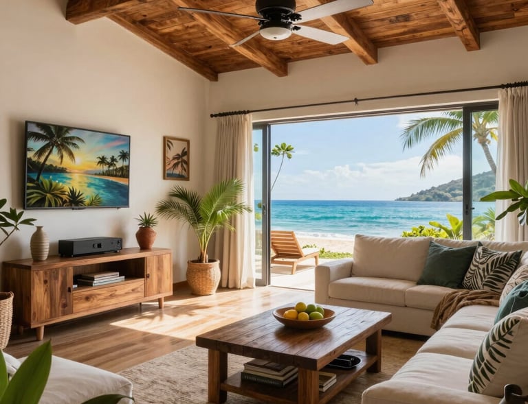 Aerial shot of a serene Kona beach with crystal-clear water and volcanic rock formations.