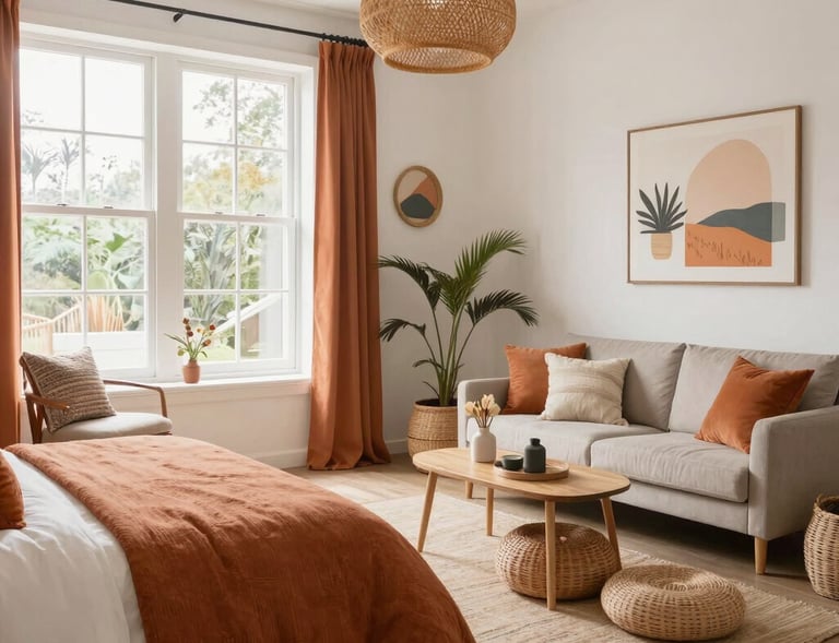 Rustic wooden dining table set with vintage plates and candles.