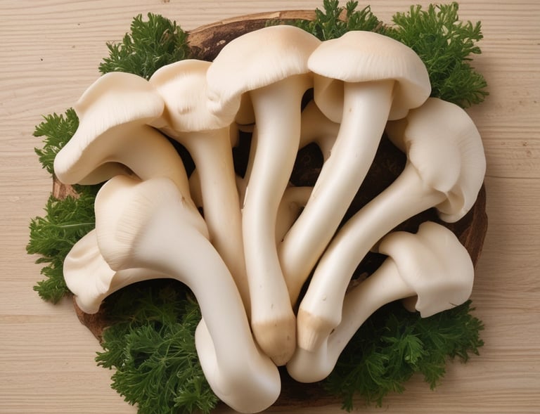 Close-up of fresh oyster mushrooms growing on a log in natural light