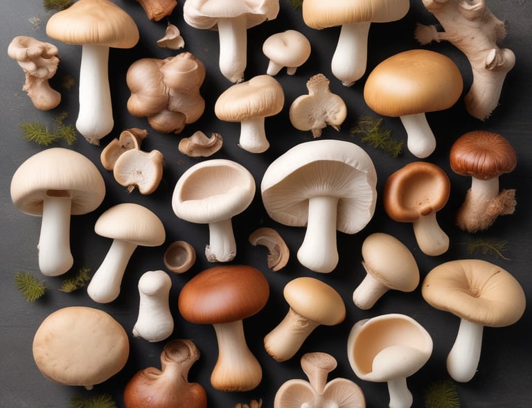 Close-up of dew drops on freshly picked mushrooms showcasing their purity