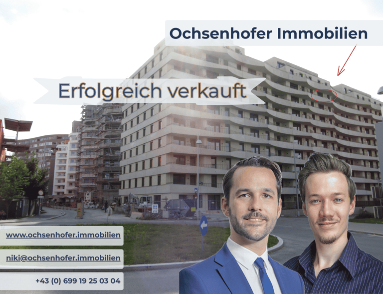 Ochsenhofer Immobilien agents shown with a modern apartment building marked as successfully sold.