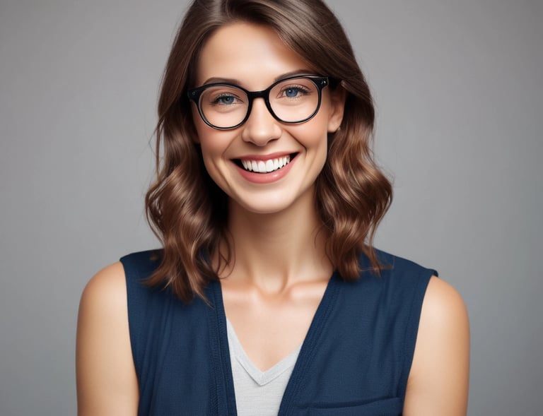 A child wearing colorful glasses smiling during an eye checkup at the clinic.