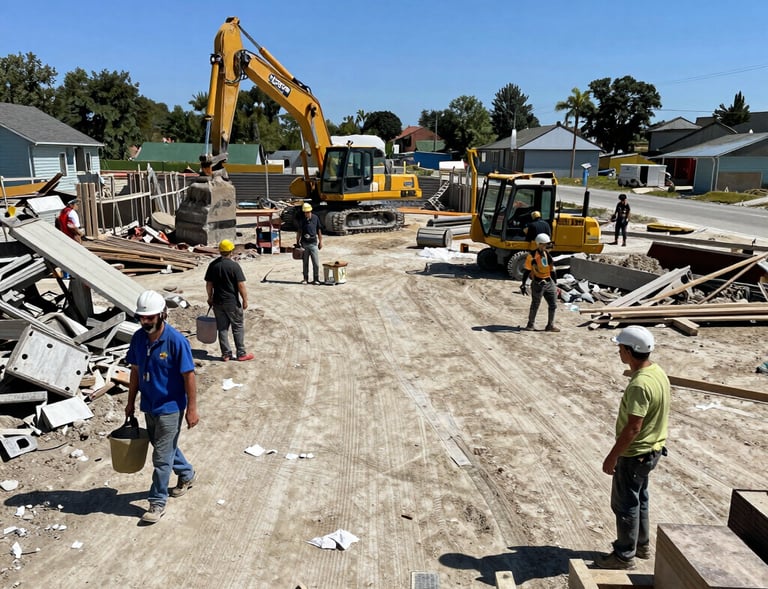 MJK Rentals’ truck hauling a heavy-duty dumpster down a suburban street lined with new home builds.