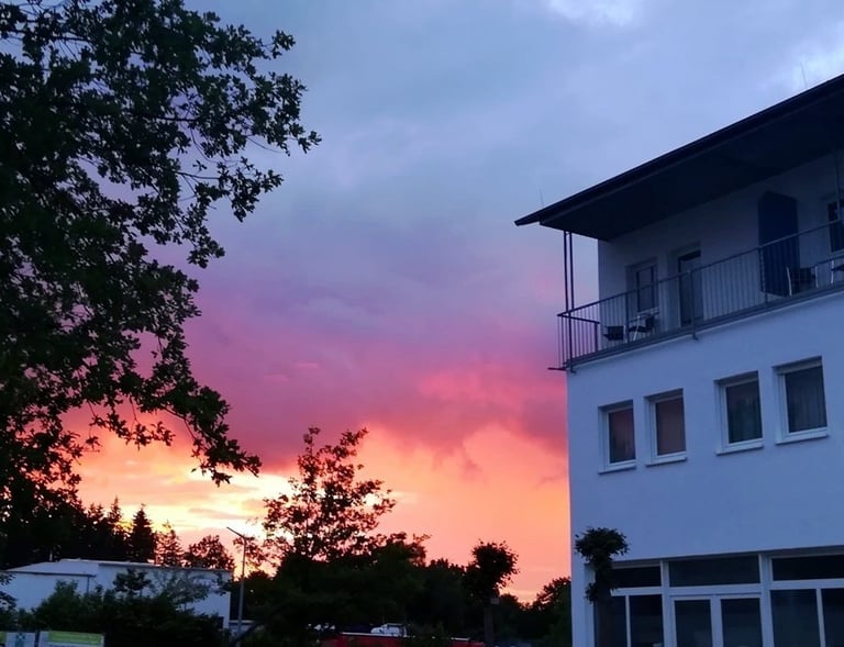 Modern apartment building balcony against a vibrant pink and orange sunset sky with tree silhouettes.