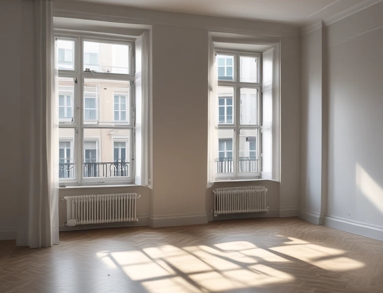 Freshly painted modern living room with bright white walls and neat finishing.