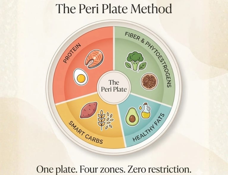 The Peri Plate Method infographic showing four meal zones: protein, fiber and phytoestrogens, smart carbs, and healthy fats