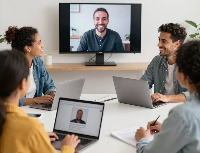 A group of diverse learners sharing smiles during a live language lesson.