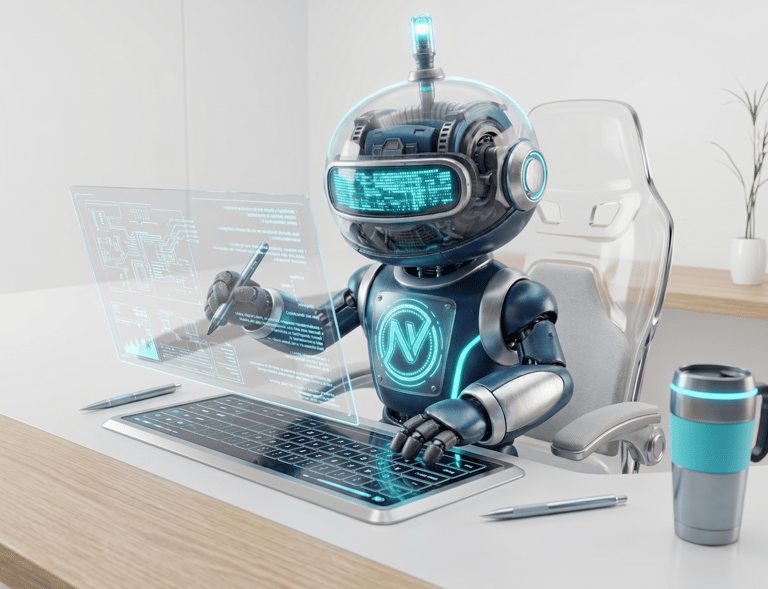 AI robot software developer coding on a holographic screen and keyboard at a modern desk.