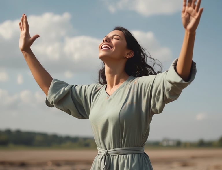 A young woman smiling softly while reading a devotional in a minimalist, bright room.