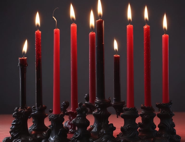 Dark purple candles arranged in a circle, their light flickering through a haze of smoky fog.