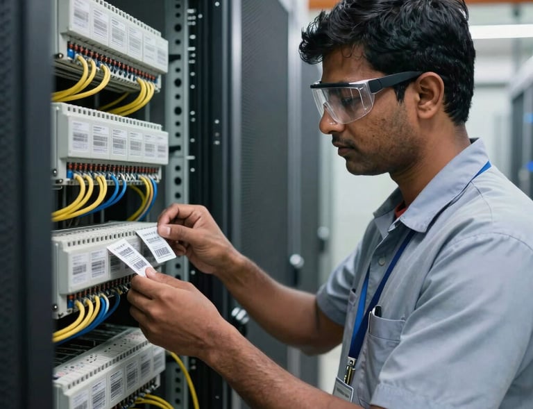 A professional South Asian / Indian technician wearing safety gear, scanning barcode tags on server cables and electrical panels, in a modern storage yard.