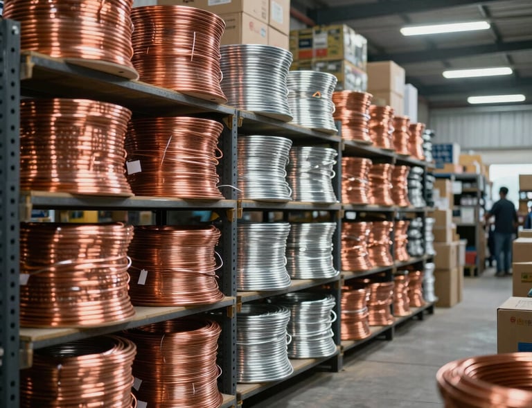 A spacious and organized warehouse in Tiruppur, South Asian / Indian region, with neatly stacked, sorted copper, aluminum cables, and server boxes, bright interior light.