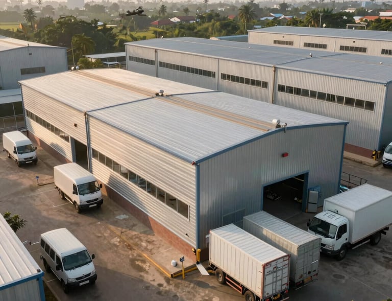 An overview of a secure metals depot, with transport vehicles parked outside under the warm Tiruppur sun, clean and modern eco-industrial aesthetic.